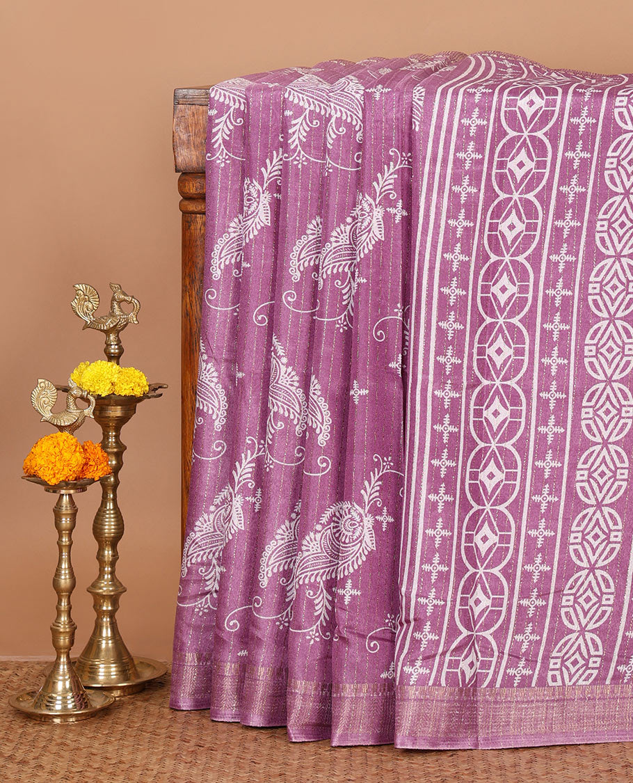 Lavender zari stripes & floral motifs printed dola silk saree, traditional zari border, printed pallu & small butta printed blouse