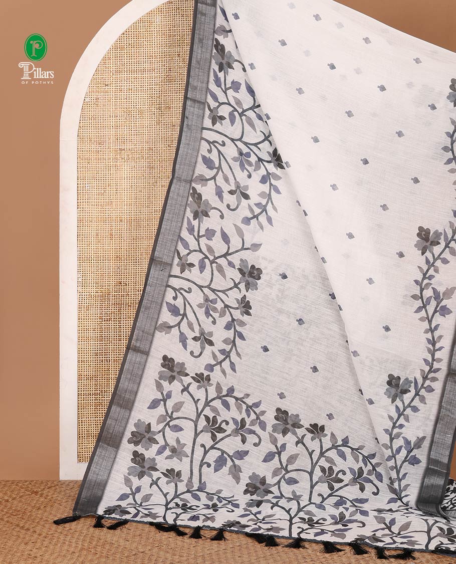 White bud-motif & floral vine printed linen cotton saree, contrast silver zari border, floral vine print pallu & floral print blouse