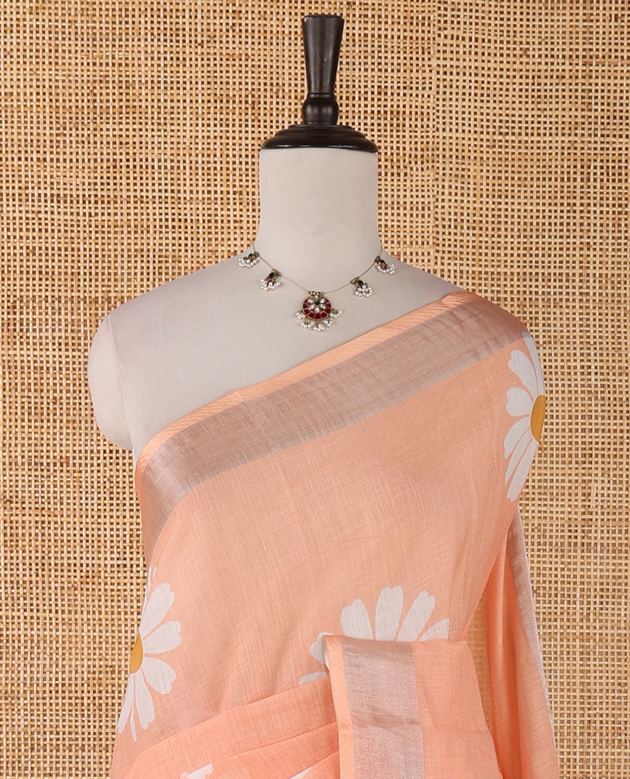 Peach sunflower motif printed linen saree, silver zari plain border & small sunflower motif print blouse
