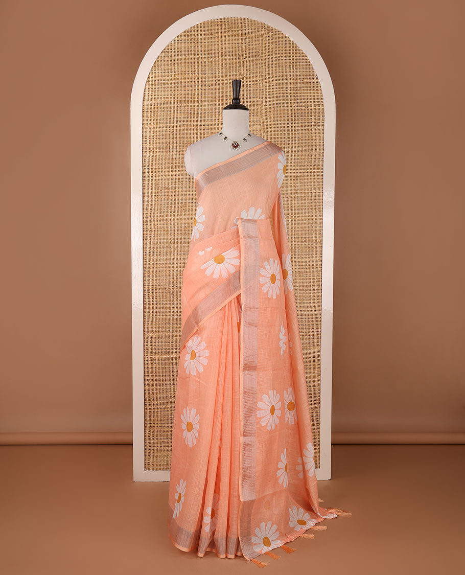 Peach sunflower motif printed linen saree, silver zari plain border & small sunflower motif print blouse