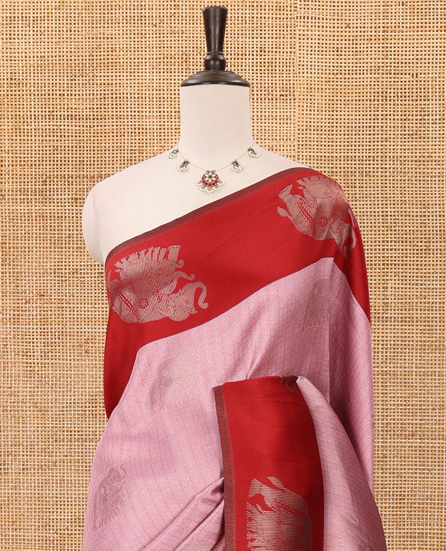 Pink zari checked & elephant motifs woven kanchi silk saree, contrast korvai-style border of elephant motifs, intricate pallu & plain blouse