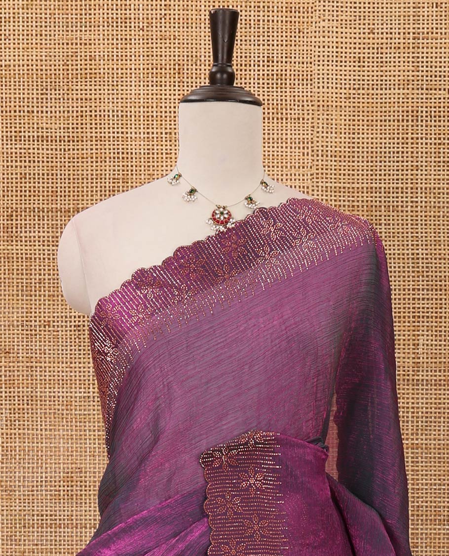 Purple plain fendy-chiffon saree, scallop Swarovski copper stone work border & contrast Swarovski copper stonework blouse