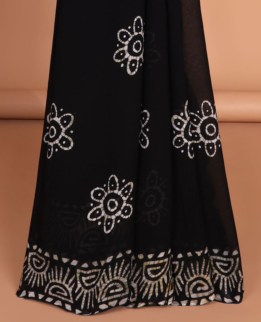 Black pathink print georgette saree with pathink print pallu & running blouse