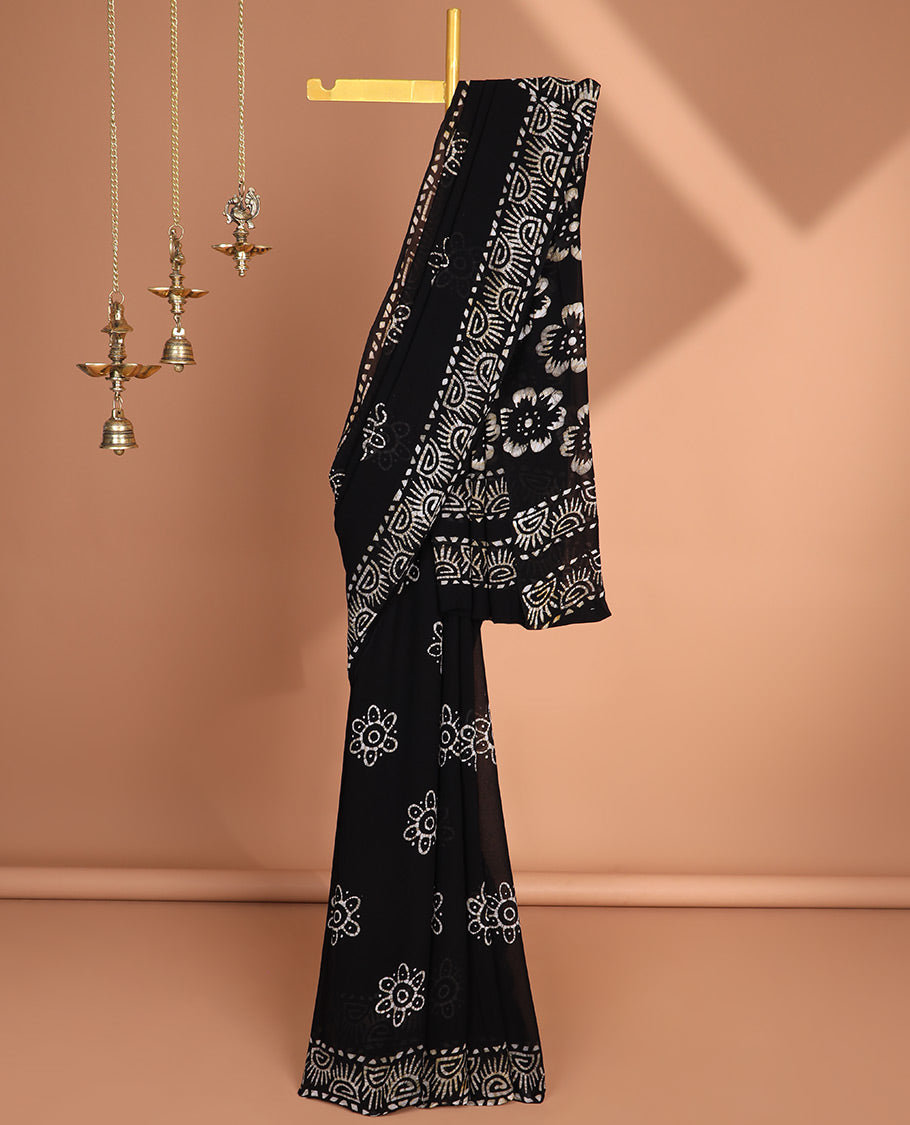 Black pathink print georgette saree with pathink print pallu & running blouse