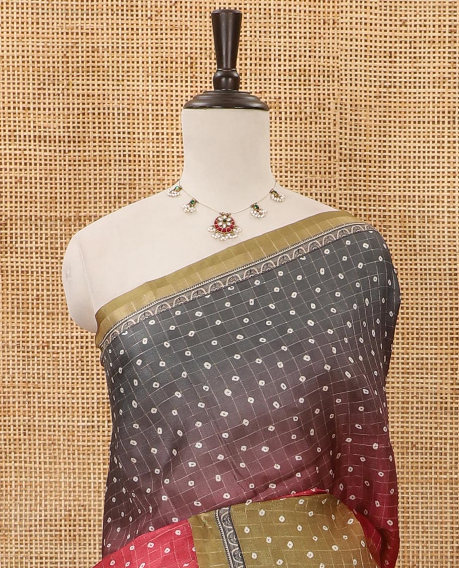 Multi-color ombre-style dyed bandhani dots print checked khadi tussar saree,piping printed border,flora-fauna printed pallu & contrast printed blouse