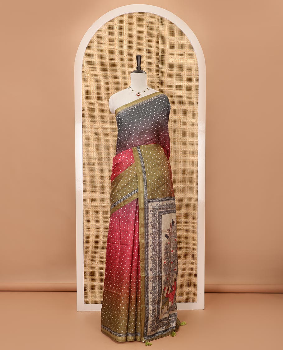 Multi-color ombre-style dyed bandhani dots print checked khadi tussar saree,piping printed border,flora-fauna printed pallu & contrast printed blouse