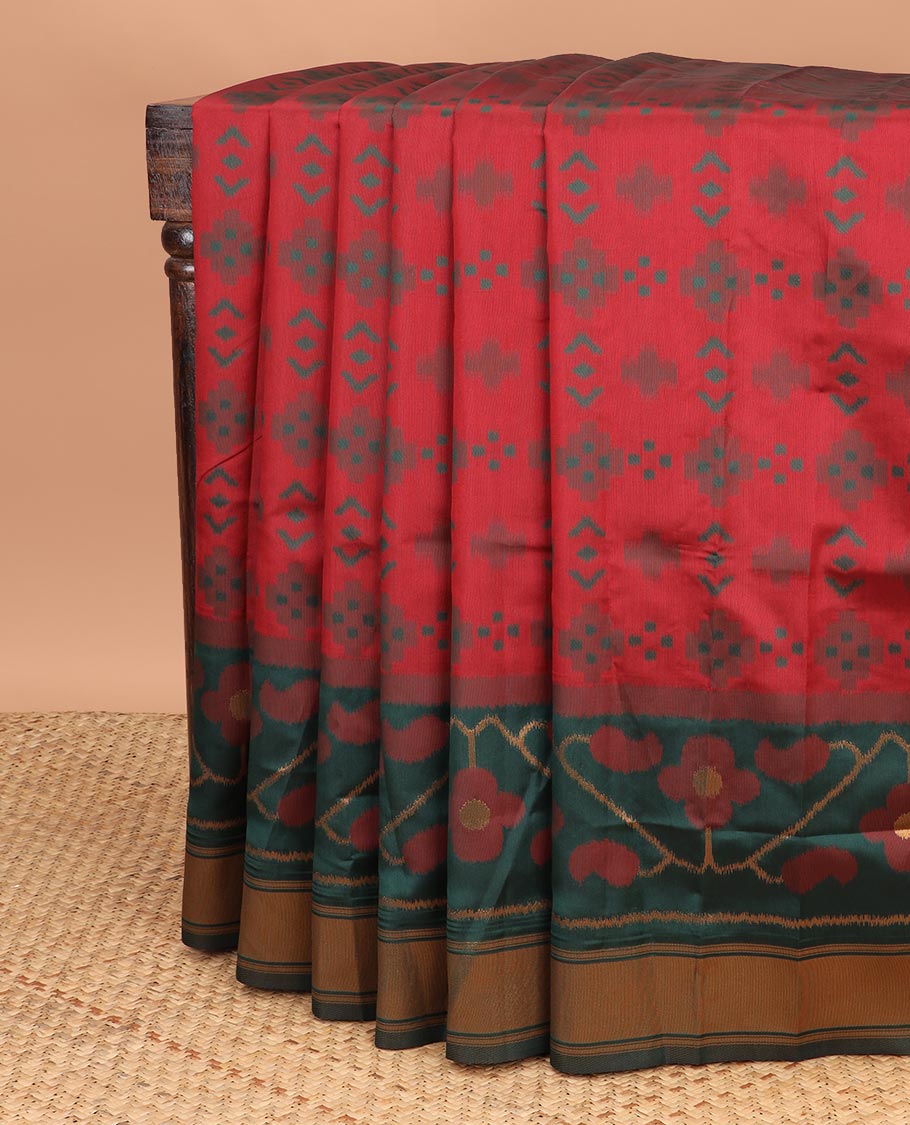Maroon with green patola design mulberry silk aree , double side border with one side bavanchi small border