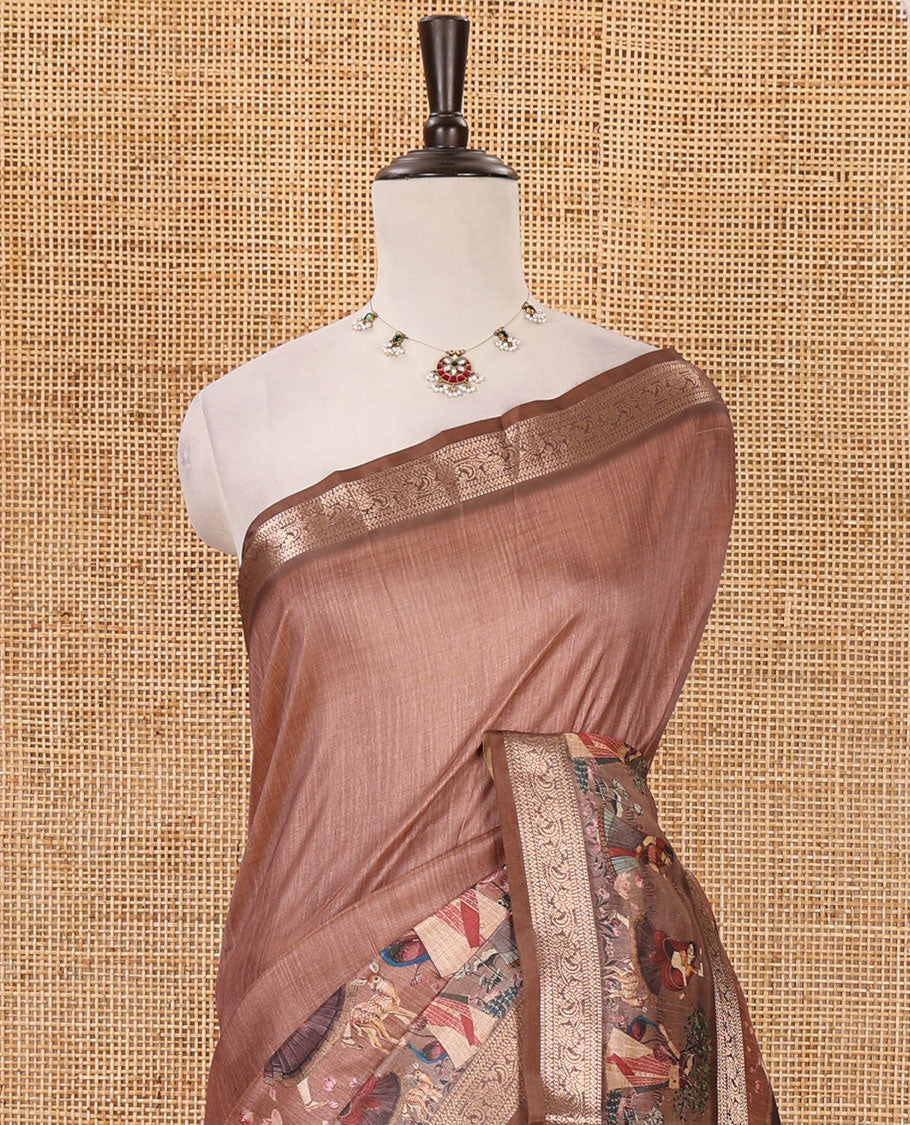 Rust ancient human motifs printed semi-tussar saree, traditional rettai pettu border of human motifs print, printed pallu & running blouse
