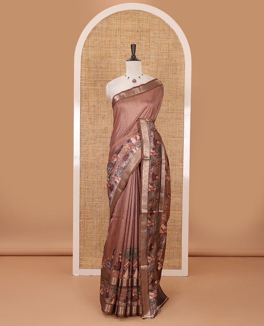 Rust ancient human motifs printed semi-tussar saree, traditional rettai pettu border of human motifs print, printed pallu & running blouse