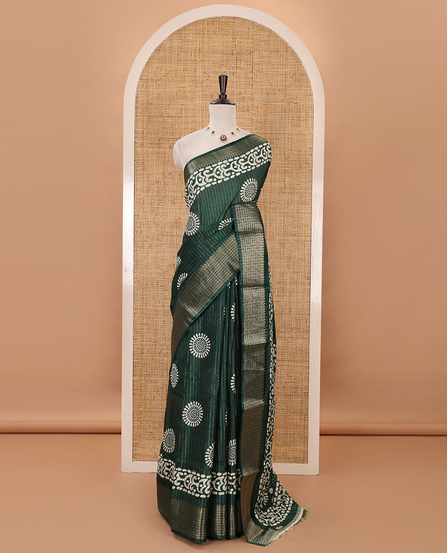 Green golden zari striped & batik-printed dola silk saree, traditional zari border & batik printed pallu & matching batik printed blouse