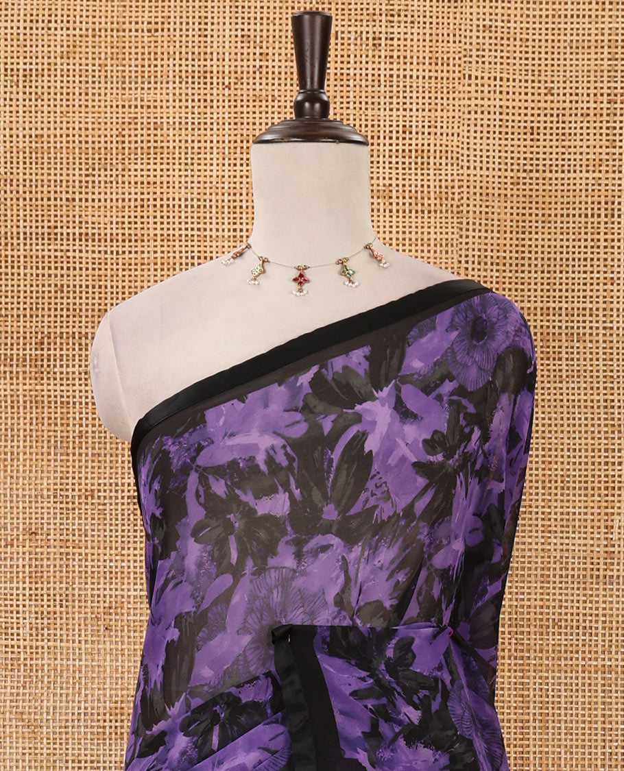 Black-violet floral digital printed georgette saree, satin lace plain border & black plain blouse
