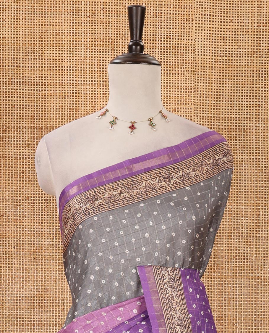 Violet 3D-dying with bandhani printed design kota saree , self printed border , radhe and kalamkari style printed pallu & contrast printed blouse