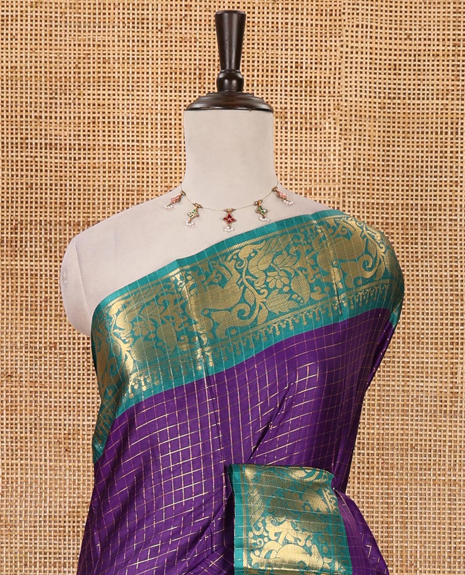 Violet zari checked semi-taffeta silk saree, contrast deer motifs zari woven border, striped pallu & contrast striped zari border blouse