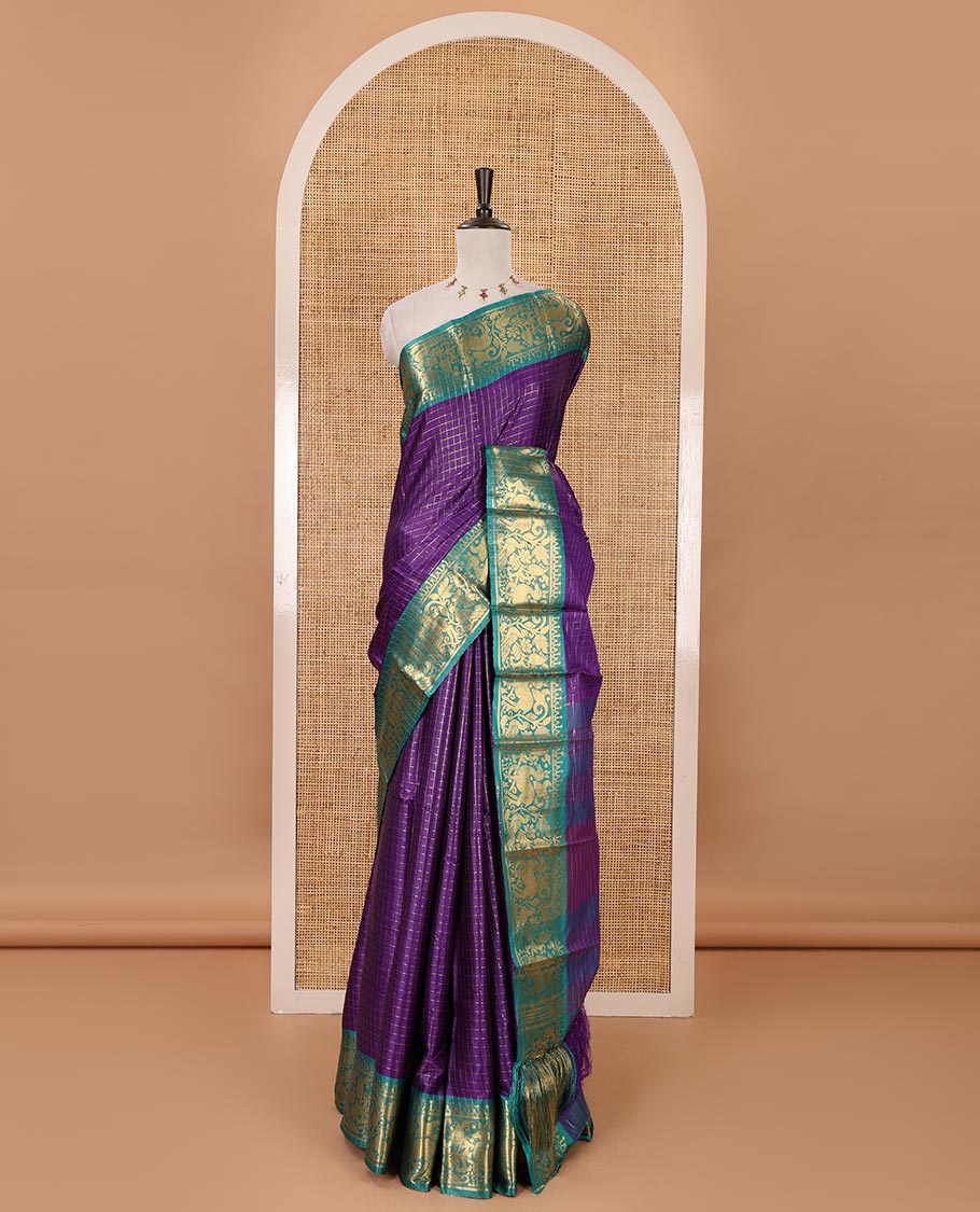 Violet zari checked semi-taffeta silk saree, contrast deer motifs zari woven border, striped pallu & contrast striped zari border blouse