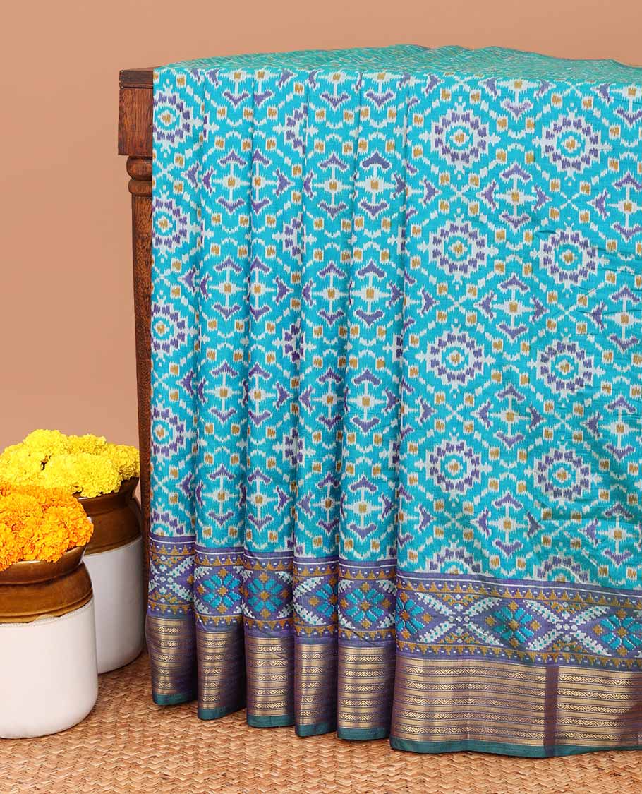 Blue Ikkat Design semi patalo saree with contrast traditional Border