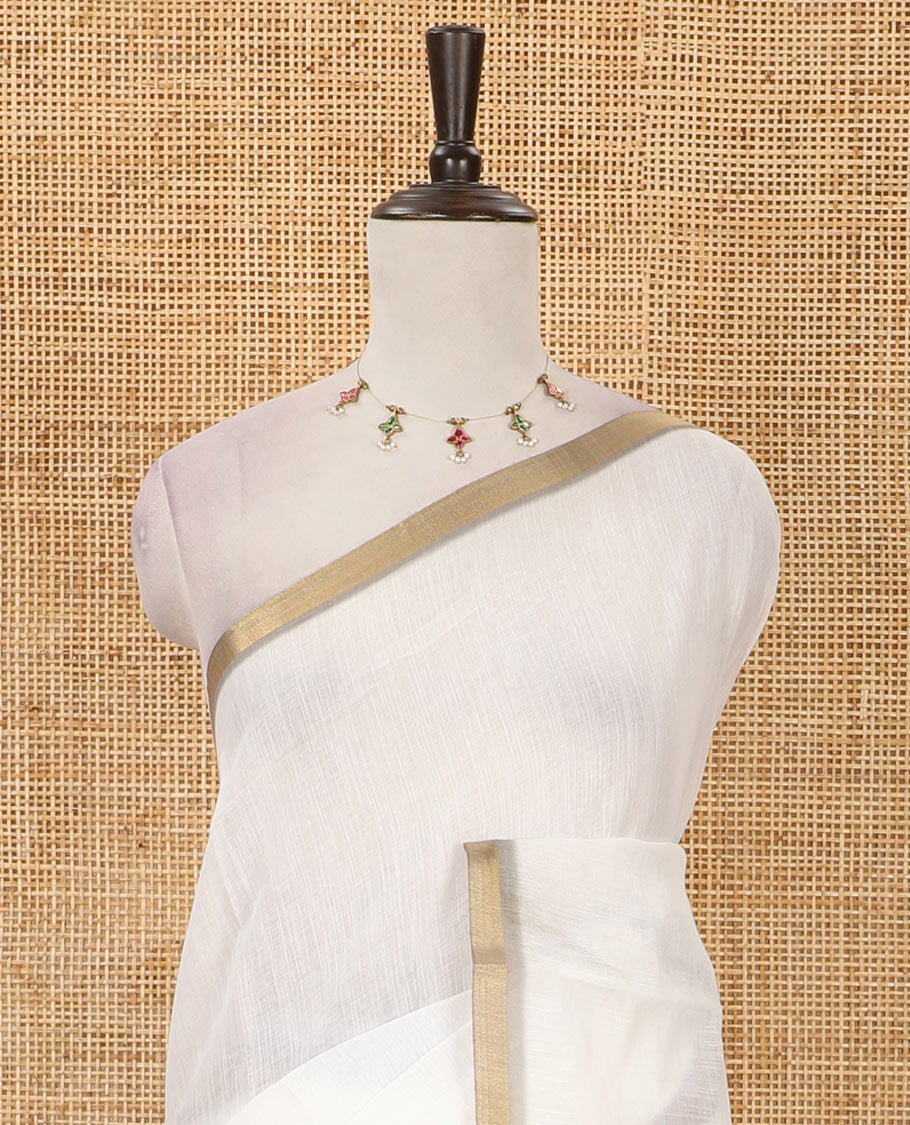White plain & giraffe motifs printed linen cotton saree, zari piping border, giraffe printed pallu & vertical striped blouse
