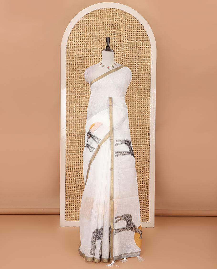 White plain & giraffe motifs printed linen cotton saree, zari piping border, giraffe printed pallu & vertical striped blouse