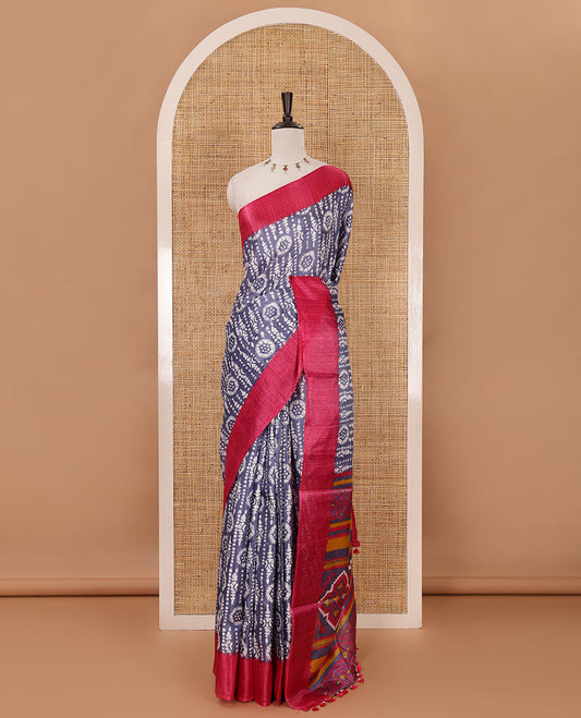 Grey batik-style printed khadi cotton saree, contrast plain border, patola printed pallu & contrast plain blouse