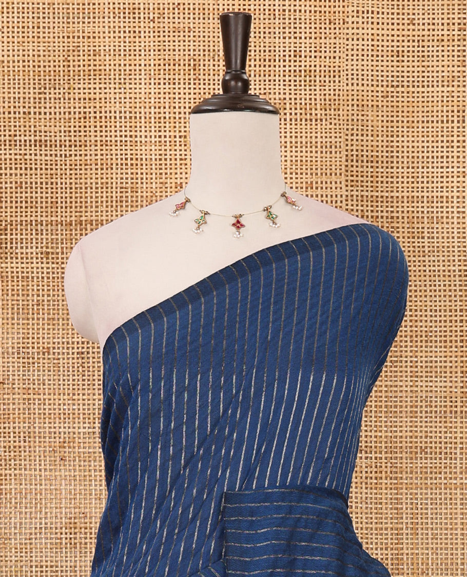 Borderless blue vertical striped khadi cotton saree, contrast grey plain pallu & matching plain blouse