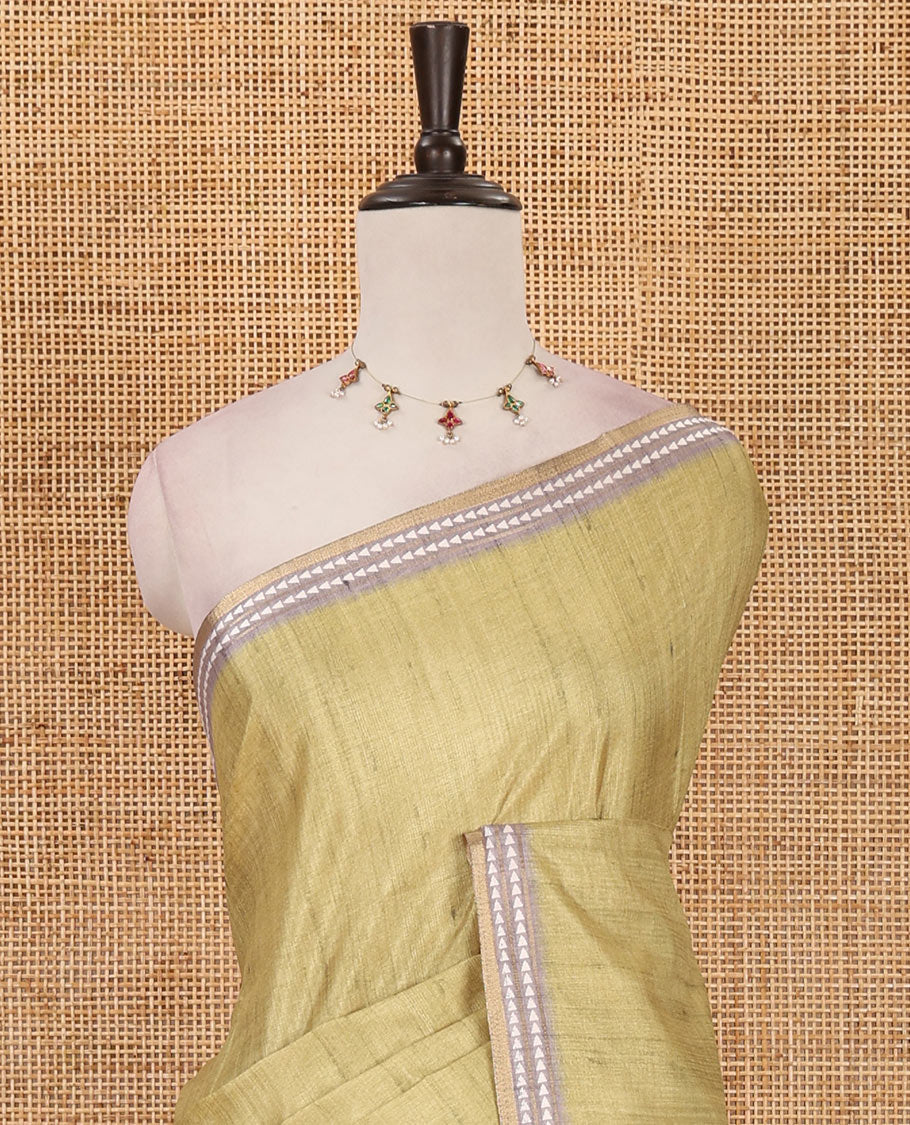 Sea green full-plain design semi-tussar saree, contrast thread triangle motifs border, bird motifs printed pallu & contrast striped blouse