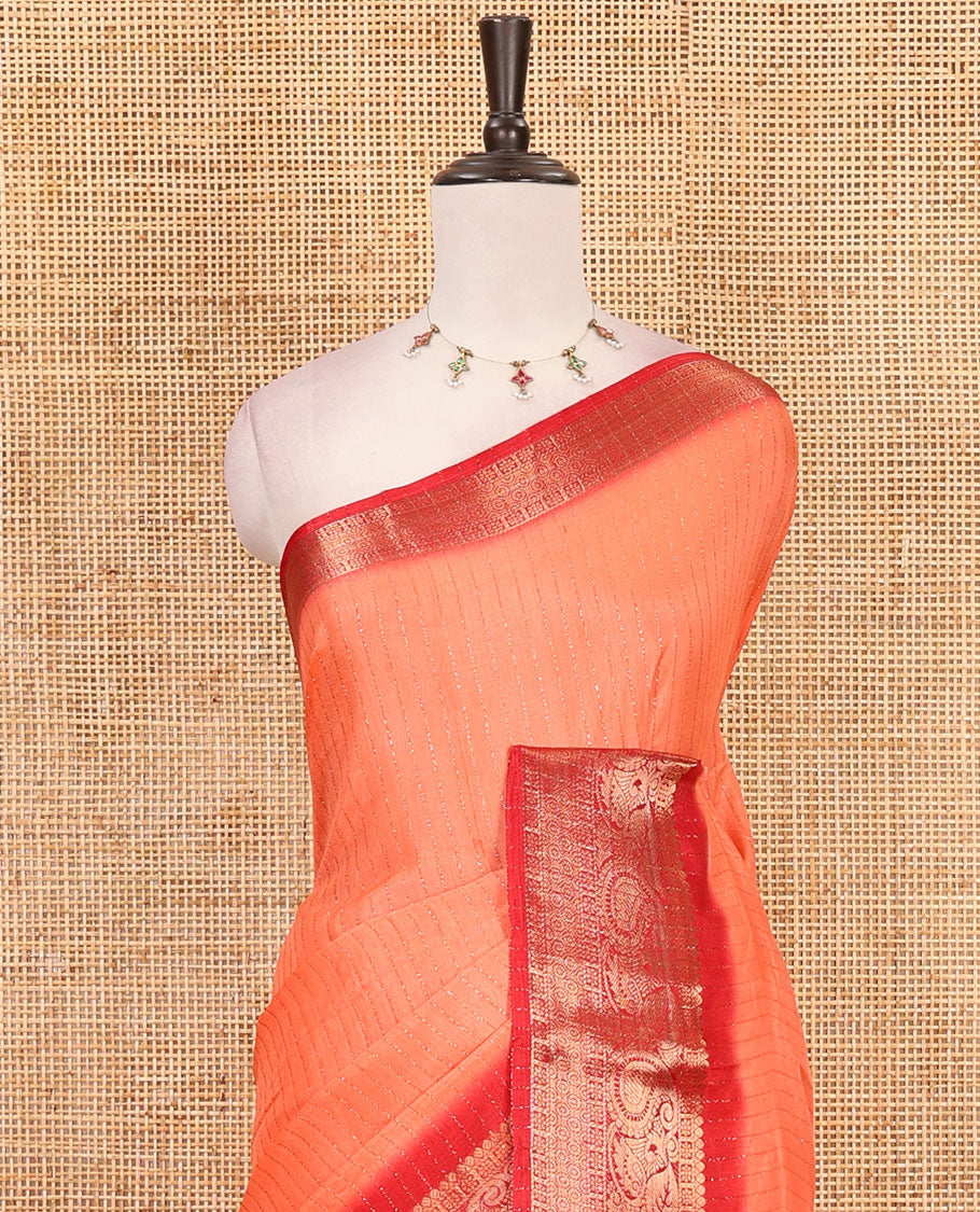 Orange gold zari vertical striped dola silk saree, contrast traditional zari border of manga design, striped pallu & contrast diamond design blouse