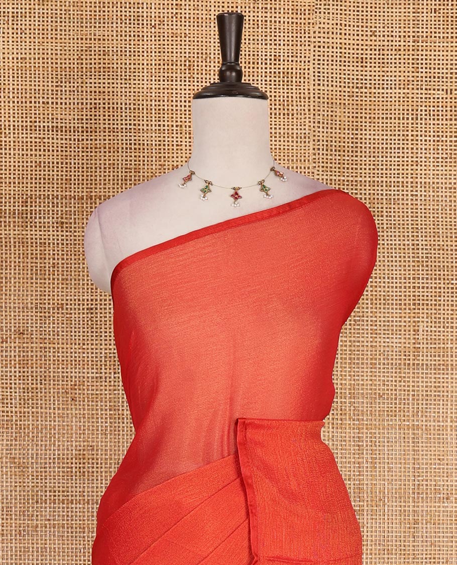 Borderless red plain design viscose saree, flower motifs printed matching blouse