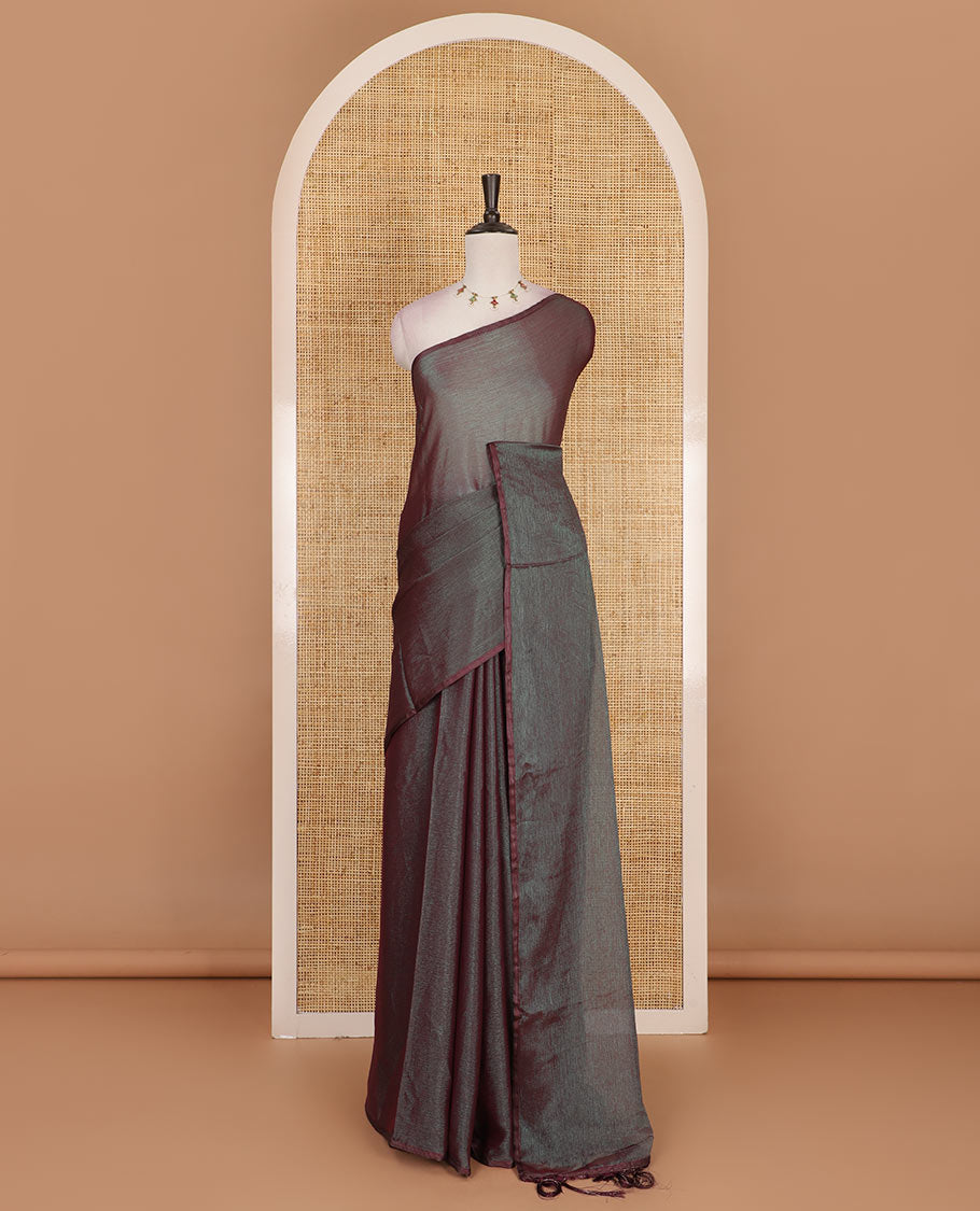 Borderless dark grey plain design viscose saree, flower motifs printed matching blouse