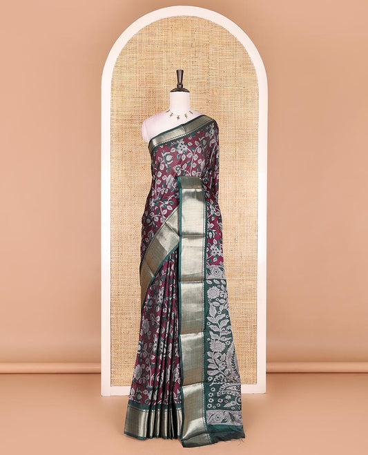 Purple Kalamkari floral vine and peacock printed dola silk saree, contrast traditional zari border, peacock printed pallu, and floral vine print blouse