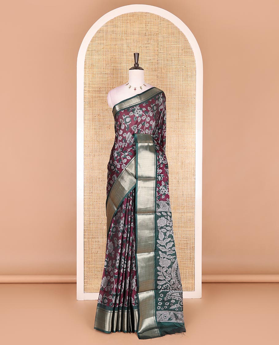 Purple Kalamkari floral vine and peacock printed dola silk saree, contrast traditional zari border, peacock printed pallu, and floral vine print blouse
