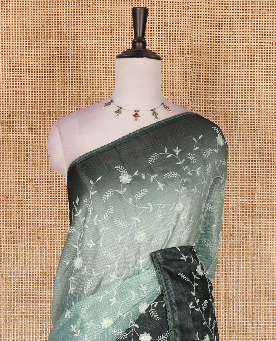 Pista green-bottle green floral vine chickankari embroidered kota chex saree, lace border, floral vine chickankari embroidered pallu, and contrast plain blouse