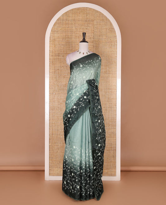 Pista green-bottle green floral vine chickankari embroidered kota chex saree, lace border, floral vine chickankari embroidered pallu, and contrast plain blouse