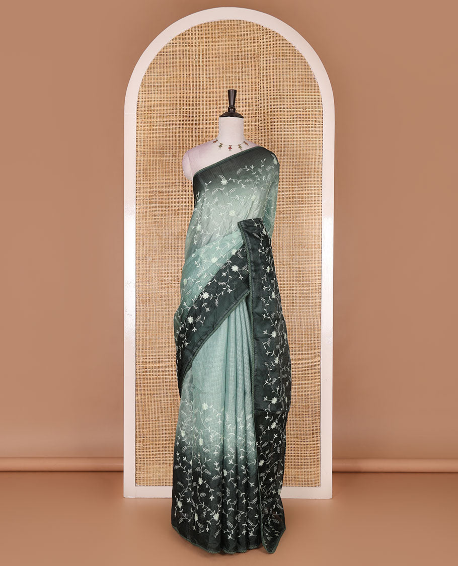 Pista green-bottle green floral vine chickankari embroidered kota chex saree, lace border, floral vine chickankari embroidered pallu, and contrast plain blouse