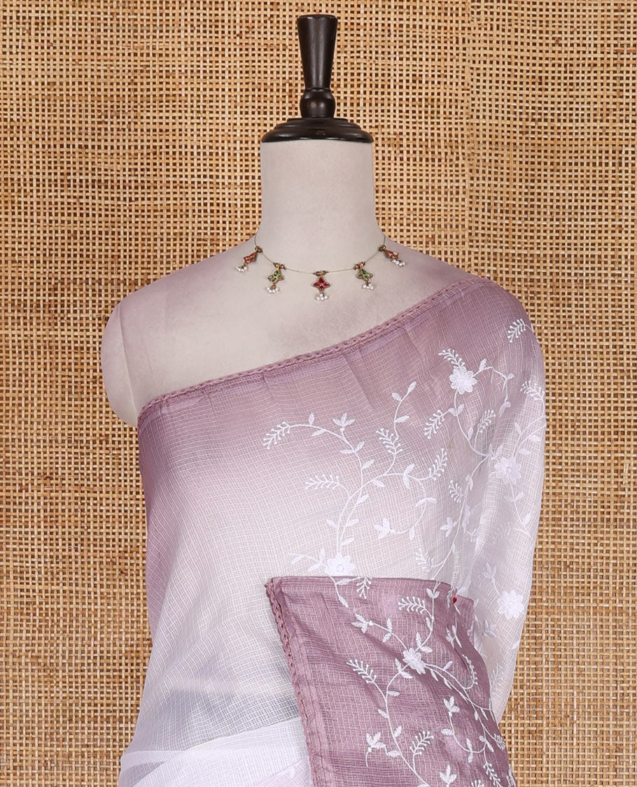 White floral vine chickankari embroidered kota chex saree, lace border, floral vine chickankari embroidered pallu, and contrast plain blouse