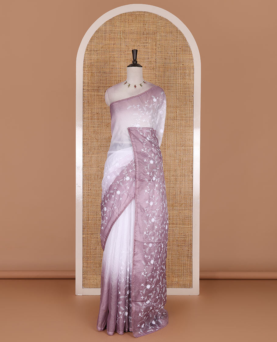 White floral vine chickankari embroidered kota chex saree, lace border, floral vine chickankari embroidered pallu, and contrast plain blouse