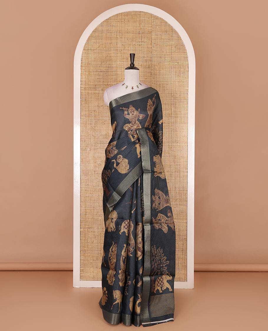 Black zari checked with kalamkari animal-ancient human figurines printed semi-tussar saree, bavanji border, striped pallu, and checked blouse with prints