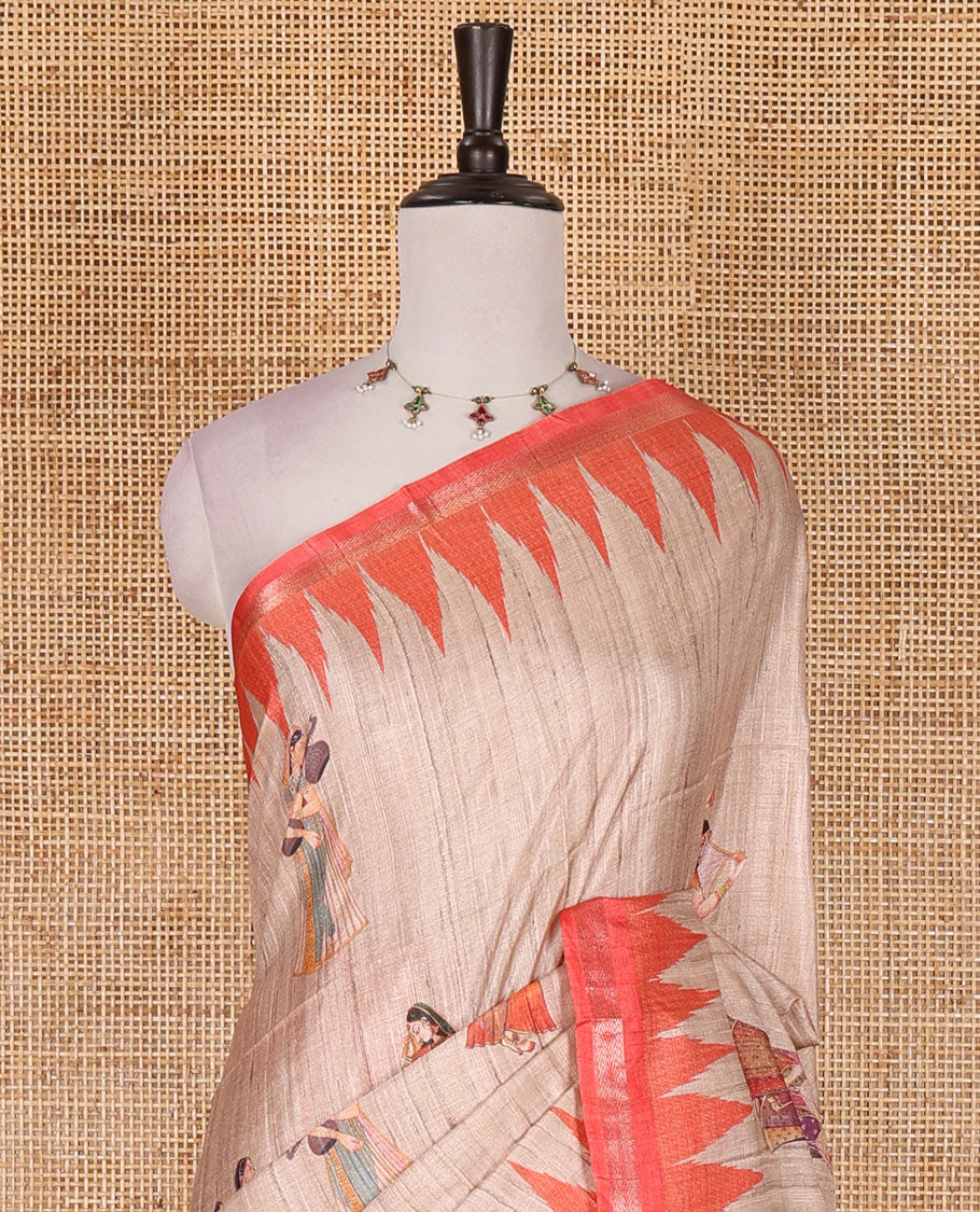 Chikku and orange Radha motifs printed katan silk saree, contrast temple border, ikkat motifs woven pallu, and contrast printed pallu