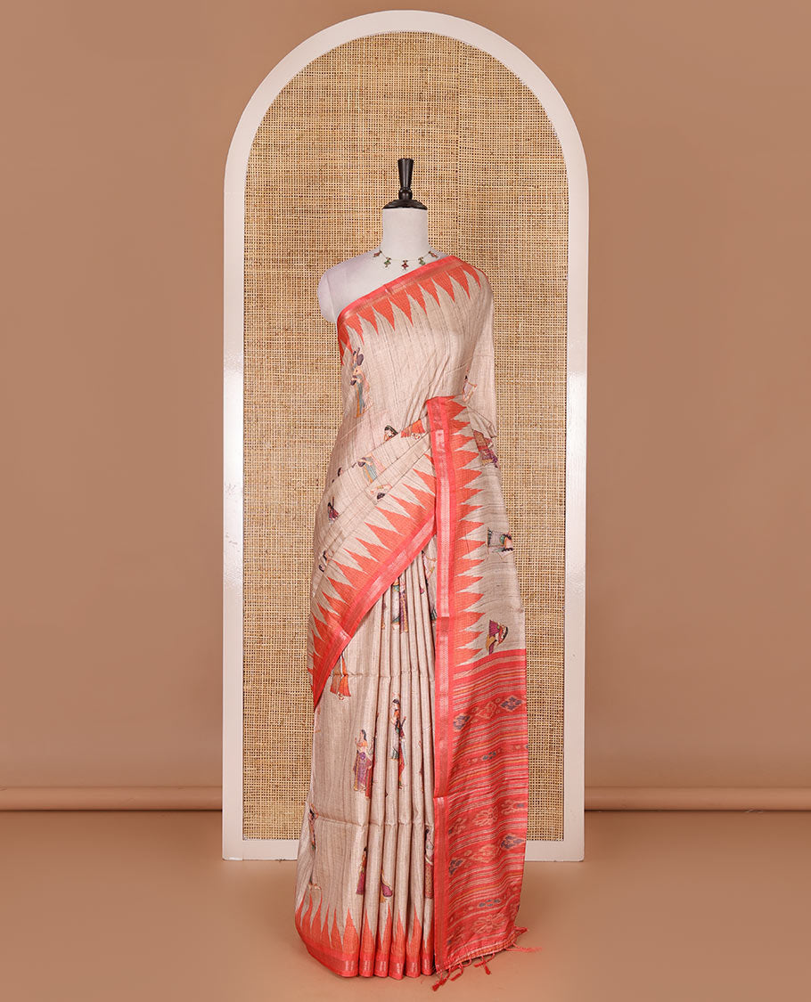 Chikku and orange Radha motifs printed katan silk saree, contrast temple border, ikkat motifs woven pallu, and contrast printed pallu