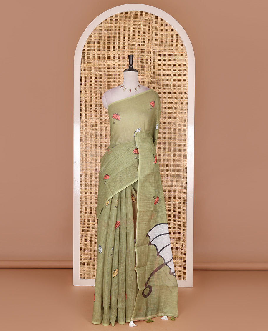 Borderless Olive green umbrella motifs printed linen cotton saree, self-pallu of big umbrella motifs and contrast blouse