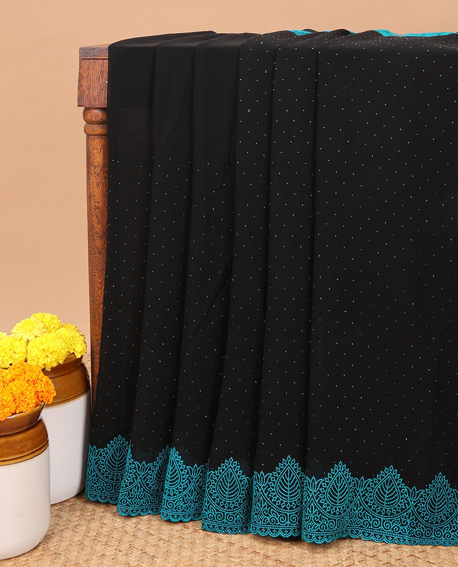 Black with blue all-over stone work chiffon georgette saree with self embroidery border & self pallu along with contrast stone work blouse