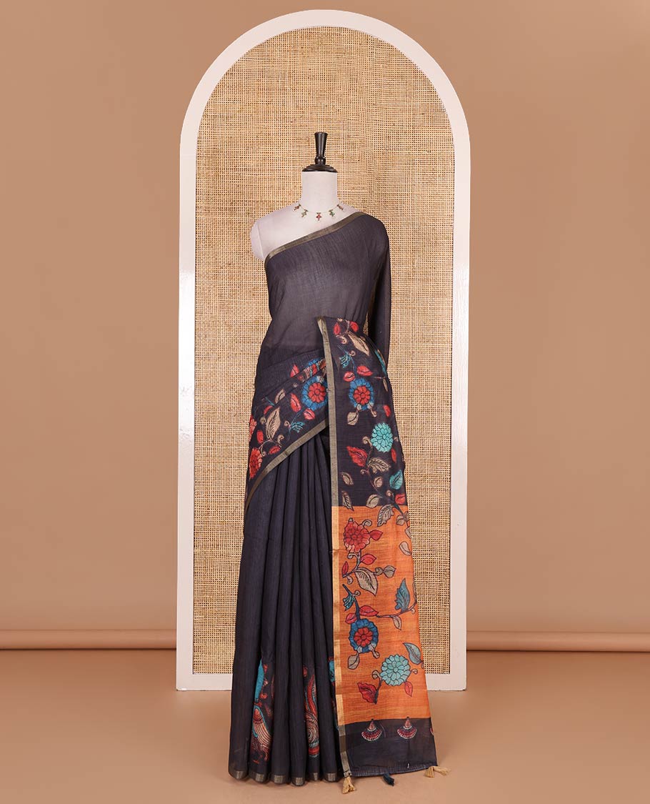 Black-orange kalamkari floral vine, and peacock printed linen cotton saree, piping border, kalamkari printed pallu, and contrast striped pallu