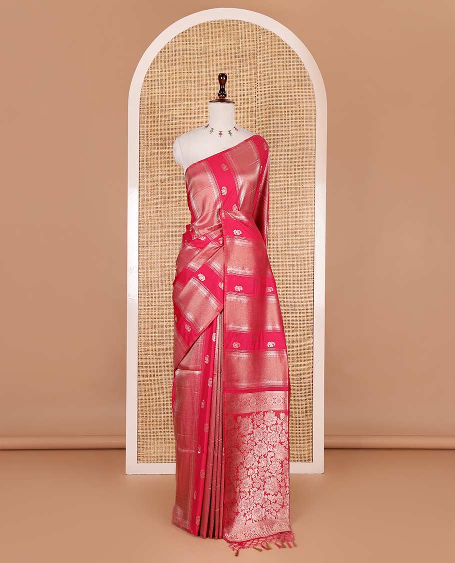 Borderless pink traditional zari motifs steeped elite soft silk saree, floral jaal pallu, and matching zari buttas woven blouse