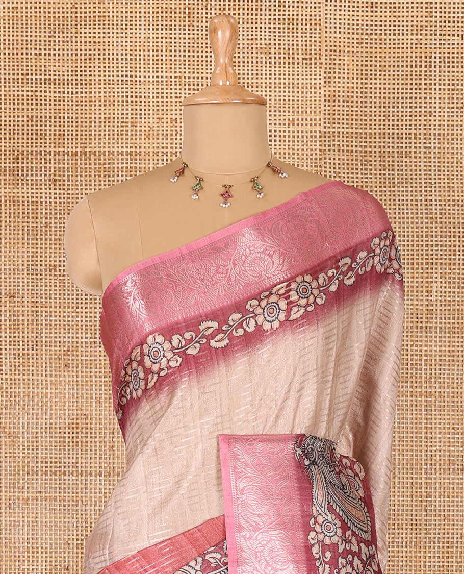 Onion pink tri-ombre colored zari stripes, and kalamkari peacock printed semi-tussar saree, contrast floral creeper zari border, peacock printed pallu, and a contrast blouse of zari and print work