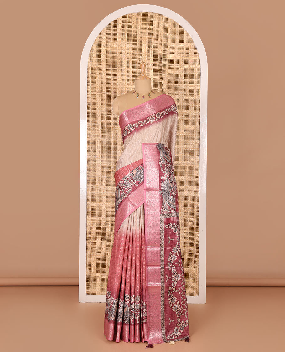 Onion pink tri-ombre colored zari stripes, and kalamkari peacock printed semi-tussar saree, contrast floral creeper zari border, peacock printed pallu, and a contrast blouse of zari and print work