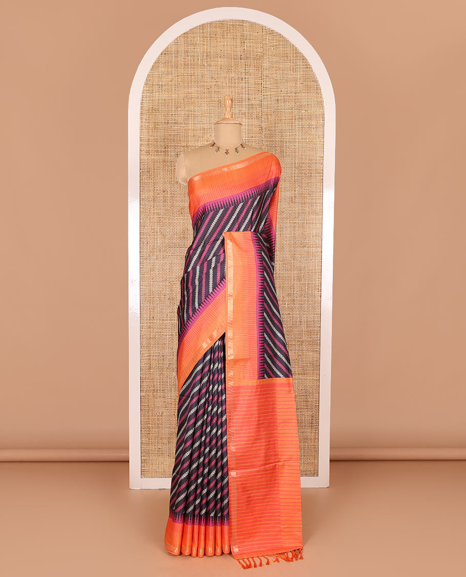 Black leheriya stripes printed katan silk saree, contrast zari piping temple border, temple pallu, and a contrast square buttas printed blouse