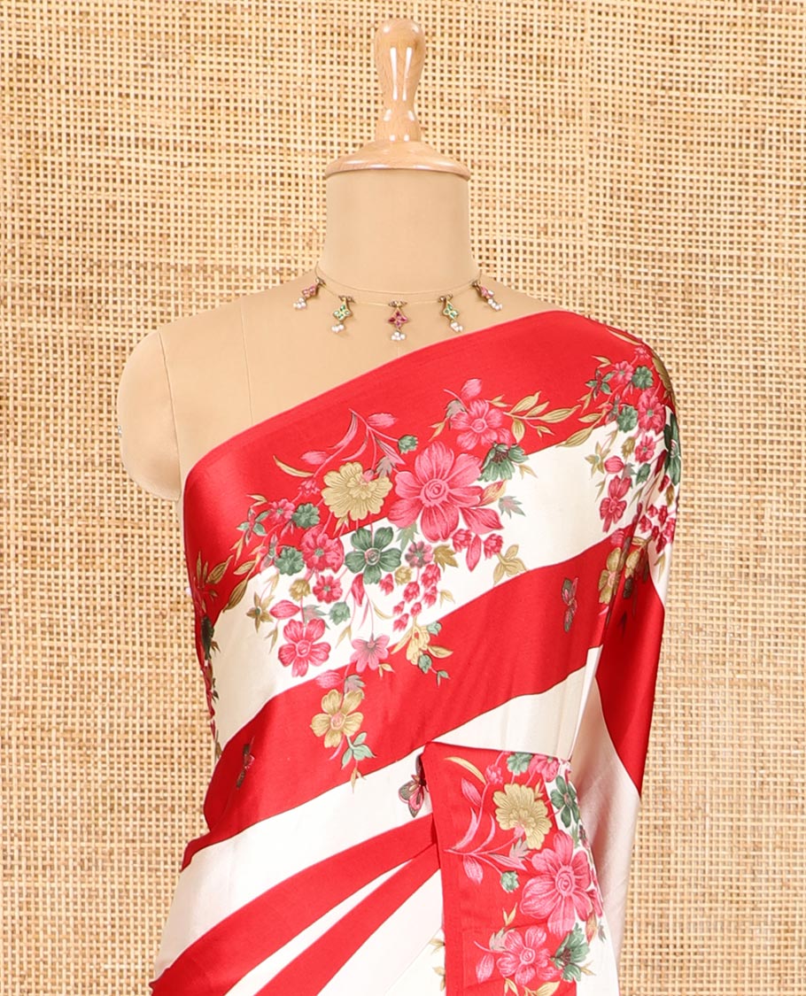 Borderless red horizontal stripes, and flora-butterflies printed satin crepe saree, self-pallu of floral, butterflies and bird print, and printed pallu