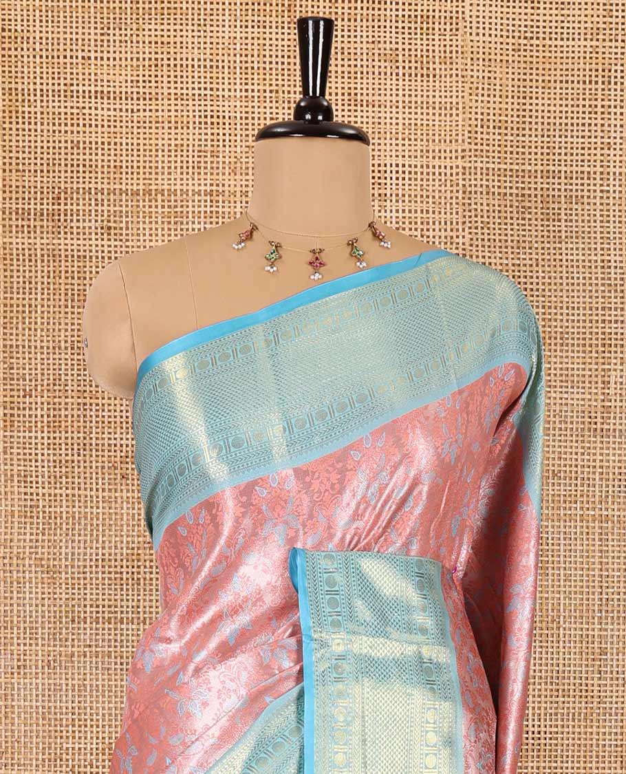 Onion pink floral jacquard Kanchi tissue saree, contrast traditional zari design border, gleaming pallu, and a contrast jacquard blouse