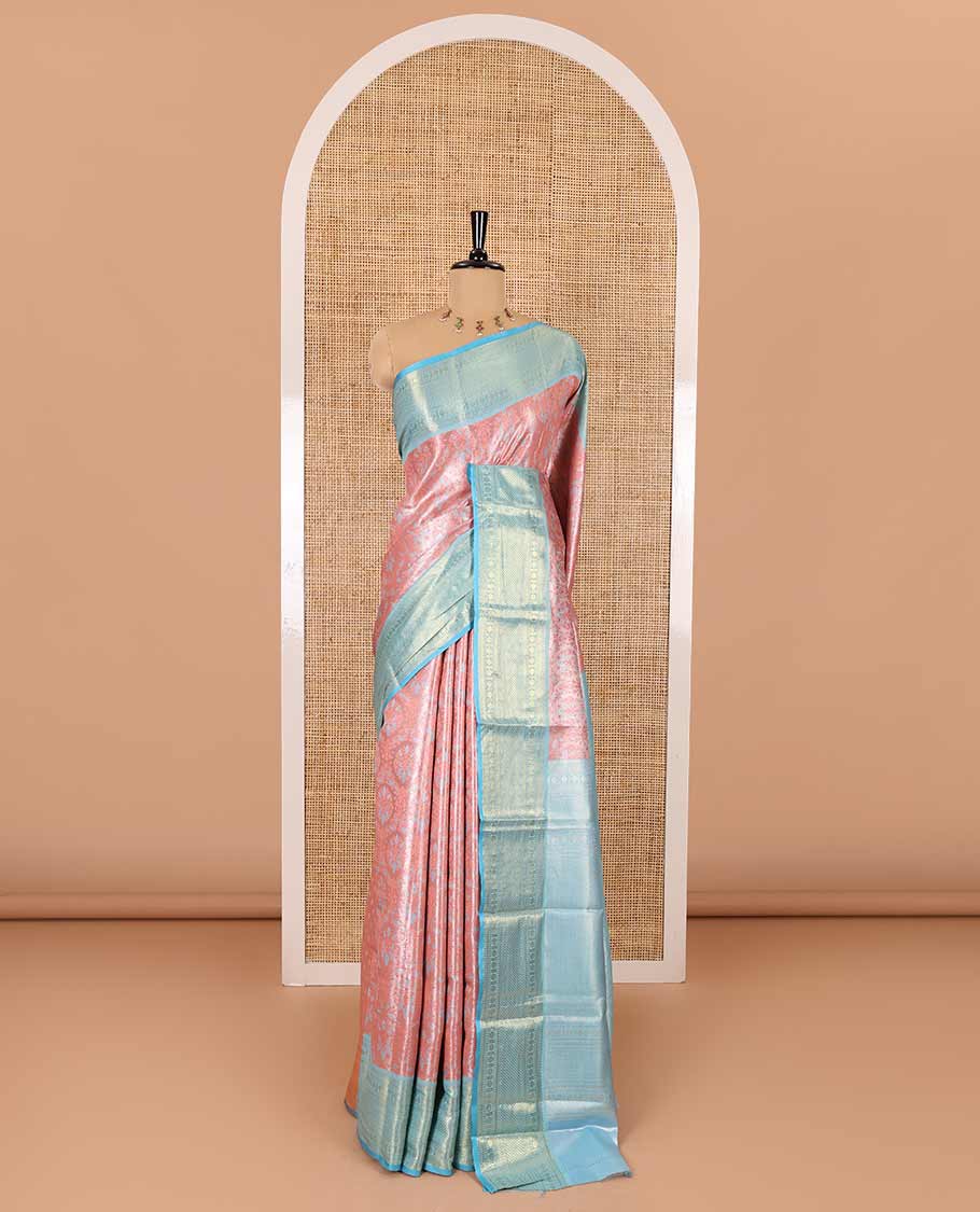 Onion pink floral jacquard Kanchi tissue saree, contrast traditional zari design border, gleaming pallu, and a contrast jacquard blouse