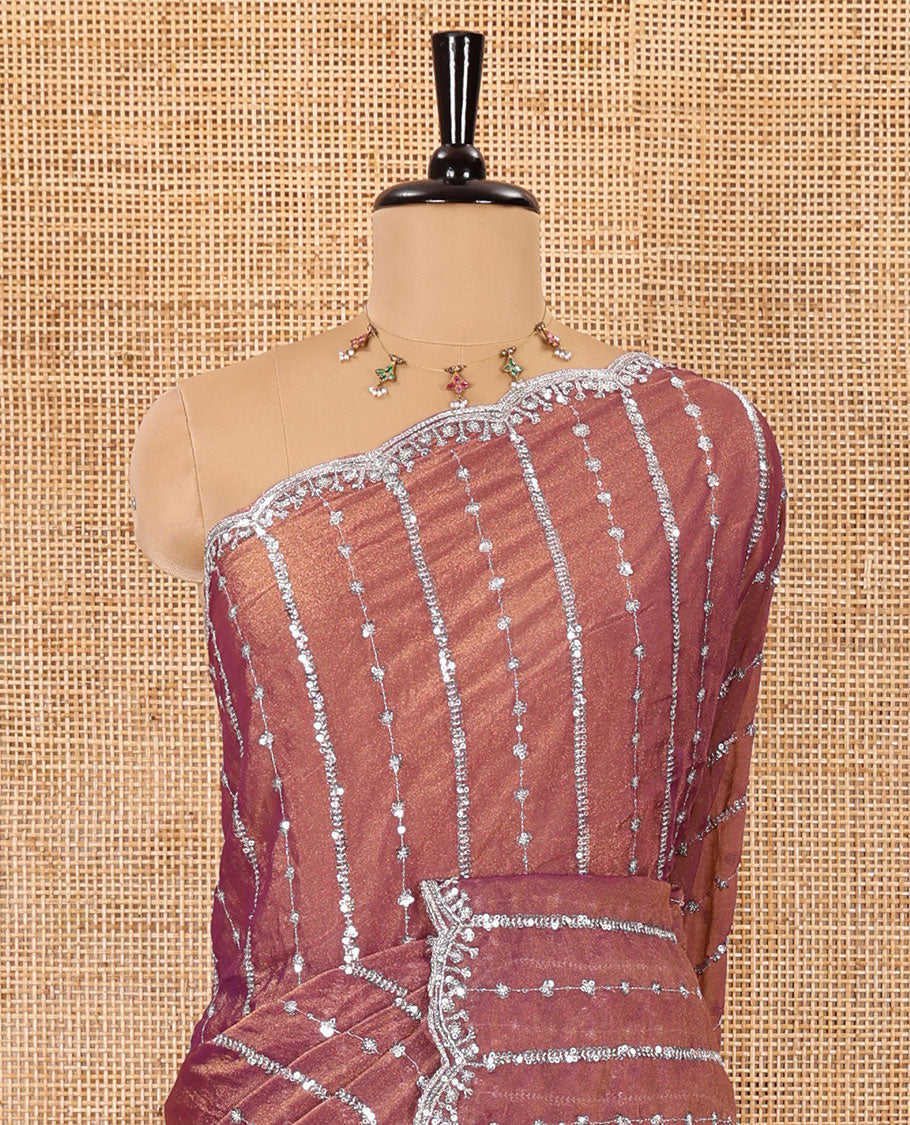 Pink vertical stripes embroidered shimmer chiffon saree, scallop embroidered border, embroidered pallu, and fancy embroidered matching blouse