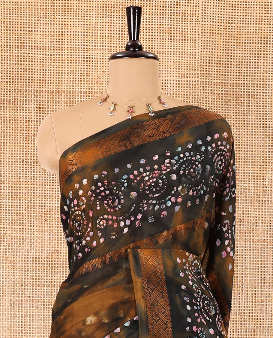 Mehendi shibori printed pure cotton saree, double side batik printed with traditional motifs border, floral printed pallu, and a shibori printed blouse