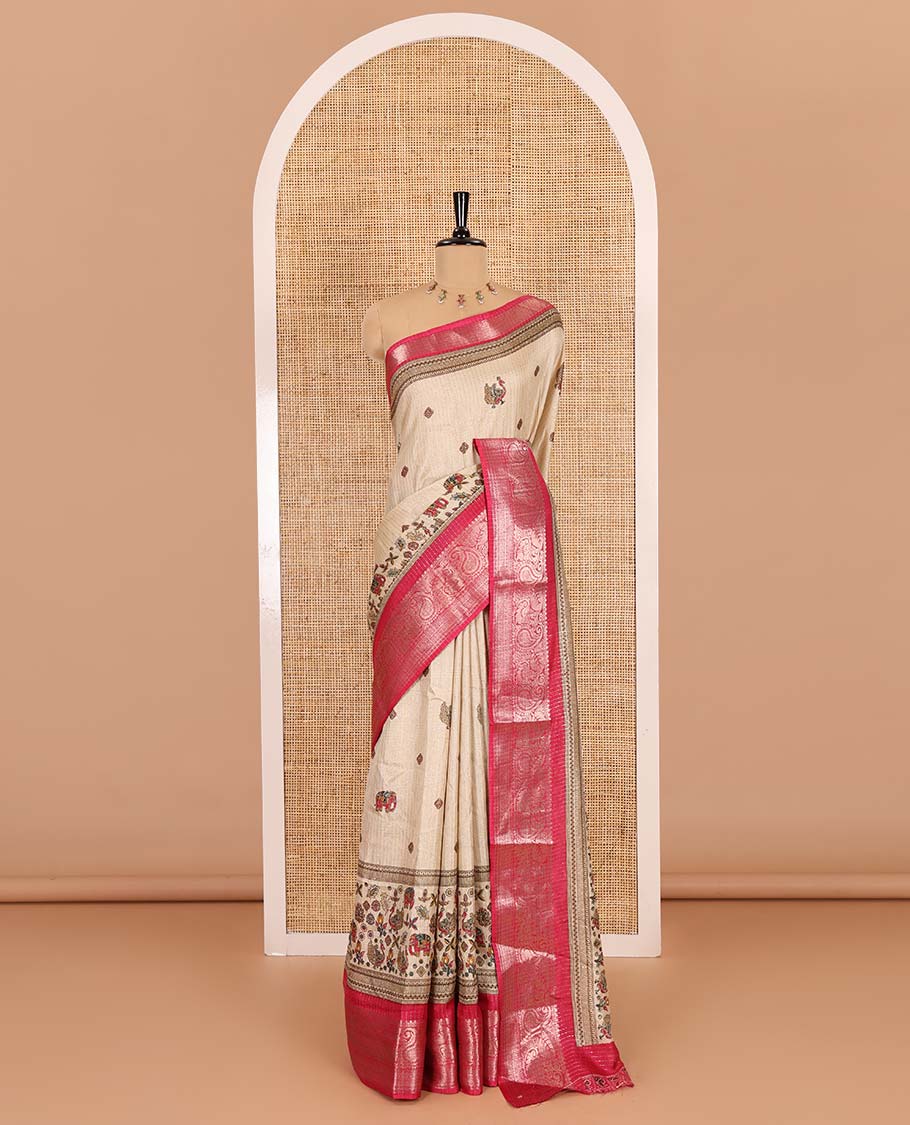 Chikku-pink vertical striped, and animal motifs printed dola silk saree, contrast manga motifs zari border, animal motifs printed pallu, and a contrast printed blouse